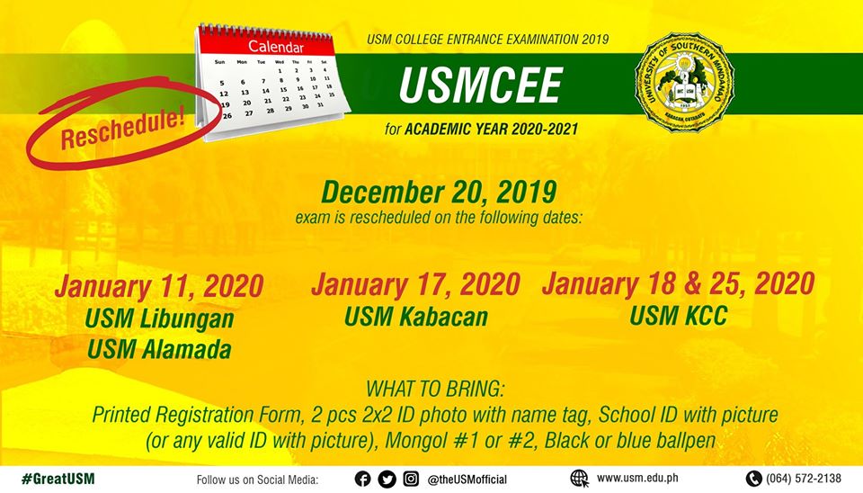 usm fall 2021 calendar Usmcee Schedule For Academic Year 2020 2021 University Of Southern Mindanao usm fall 2021 calendar