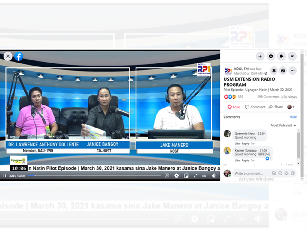 Ugnayan Natin host Jake Manero and co-host Janice Bangoy with guests from the USM Gender and Development Office and Bureau of Fire Protection of Kabacan. 