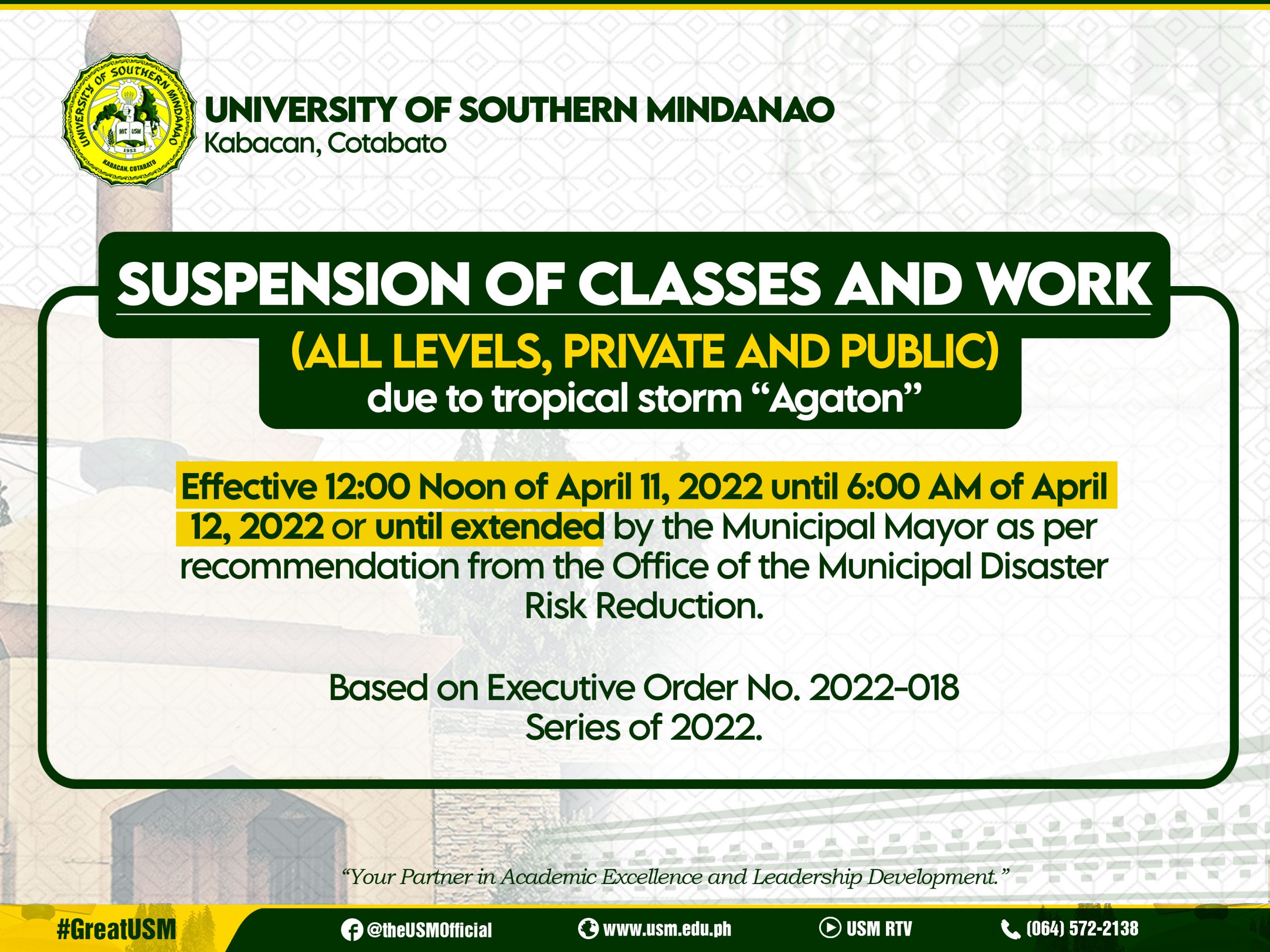 Suspension of Classes and Work due to tropical Storm “Agaton” – University  of Southern Mindanao