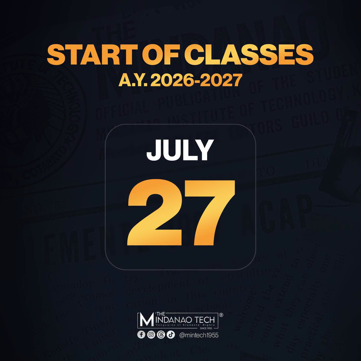 Start of Classes for A.Y. 2026-2027